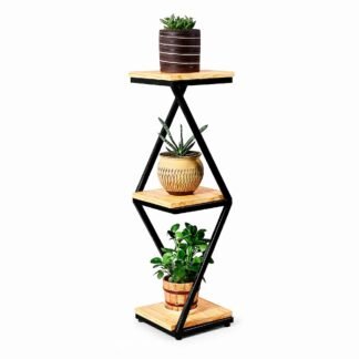 Herralex | La ZicZac Forja | Base para macetas de herrería de 3 niveles con madera para interiores o exteriores